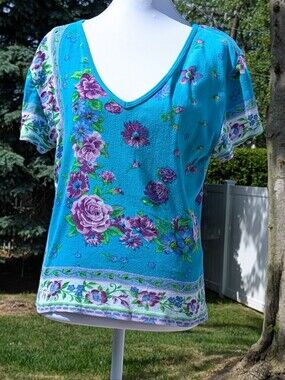 Vintage T-shirt Chaundry Sports Colorful Turquoise Purple Roses Sequins Crop XL